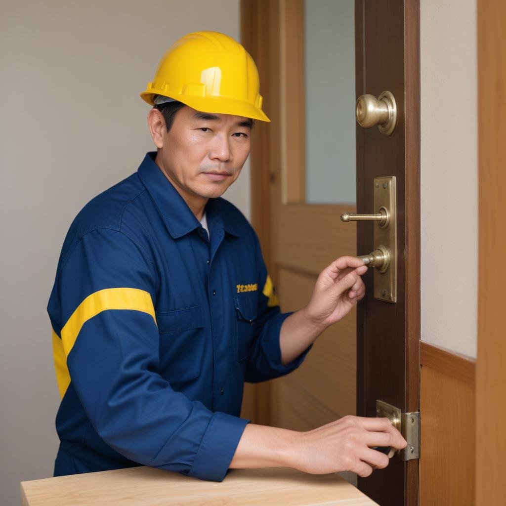 pikaso_texttoimage_A-middleaged-Asian-man-in-a-blue-work-uniform-and-